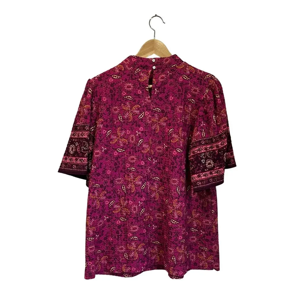 LOFT Floral Print Puff Sleeve Blouse Boho Chic Pink Purple Top Size Large